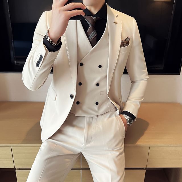 Blueforce-Set Notch Lapel Plain Single Breasted Blazer V-Neck Double Breasted Vest Mid Rise Cropped Tapered Dress Pants