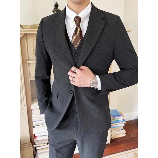 Blueforce-Set Notch Lapel Plain Single-Breasted Blazer Vest Mid Rise Tapered Dress Pants