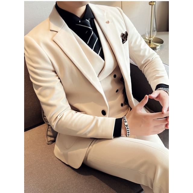 Blueforce-Set Notch Lapel Single-Breasted Blazer Shawl Lapel Double-Breasted Vest Mid Rise Tapered Dress Pants