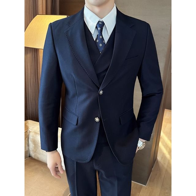 Blueforce-Set Notch Lapel Single-Breasted Plain Blazer Vest Dress Pants