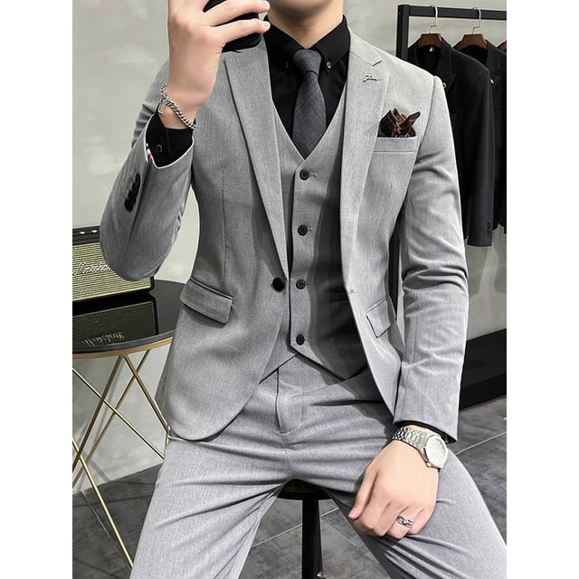Blueforce-Set One Buttoned Plain Blazer Button-Up Dress Pants Dress Pants