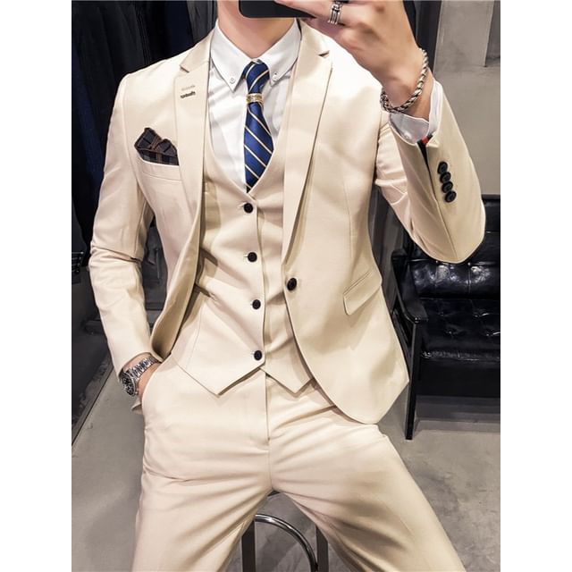 Blueforce-Set One Buttoned Plain Blazer V-Neck Vest Dress Pants