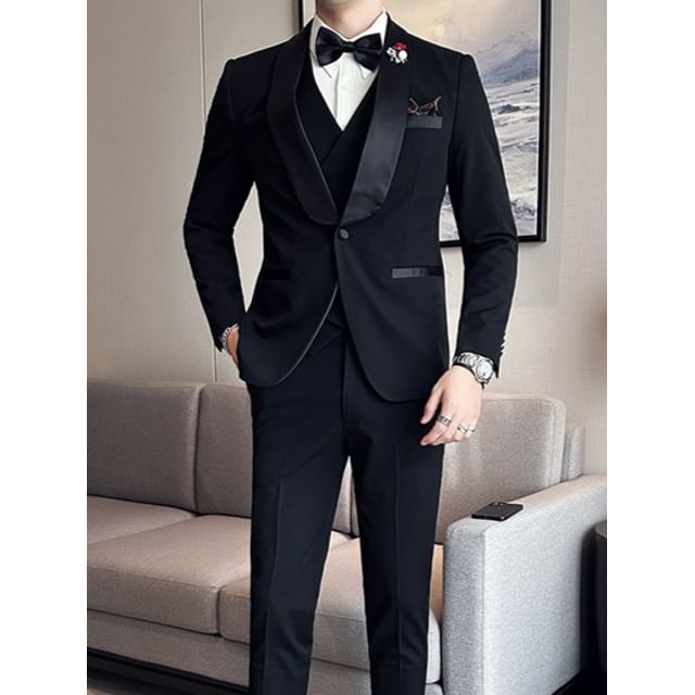 Blueforce-Set One Buttoned Plain Tuxedo Blazer Double Breasted Vest Dress Pants