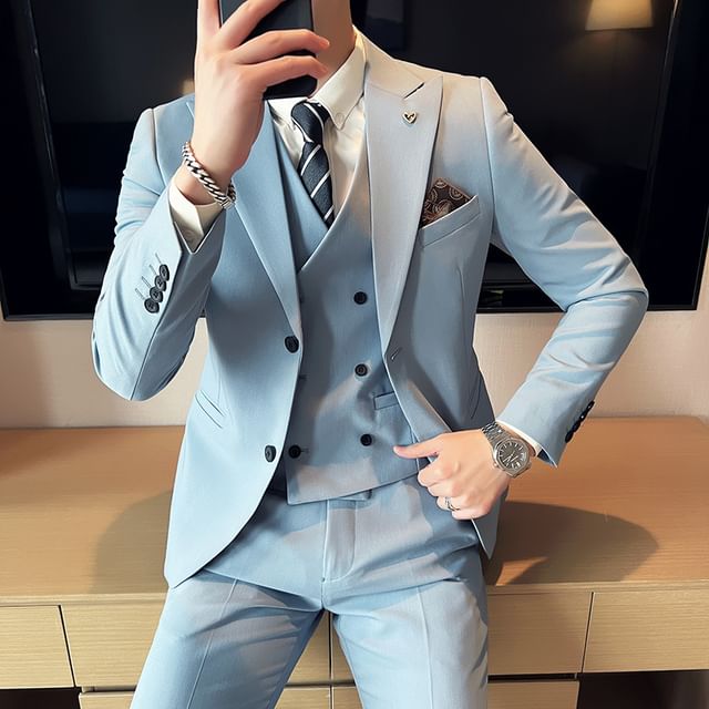Blueforce-Set Peak Lapel Plain Single Breasted Blazer V-Neck Double Breasted Vest Mid Rise Cropped Slim Fit Dress Pants