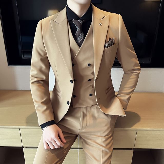 Blueforce-Set Peak Lapel Plain Single Breasted Blazer V-Neck Double Breasted Vest Mid Rise Cropped Slim Fit Dress Pants