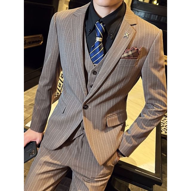 Blueforce-Set Pinstripe One Buttoned Blazer Vest Dress Pants