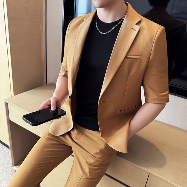 Blueforce-Set Short Sleeve Notch Lapel Plain Single Breasted Blazer Mid Rise Cropped Slim Fit Dress Pants