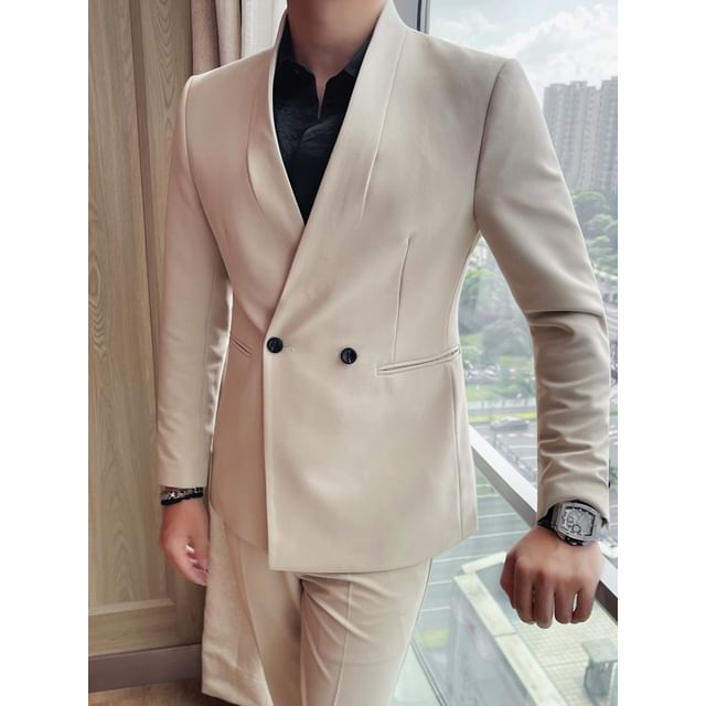Blueforce-Shawl Lapel Plain Double-Breasted Blazer Mid Rise Tapered Dress Pants Set