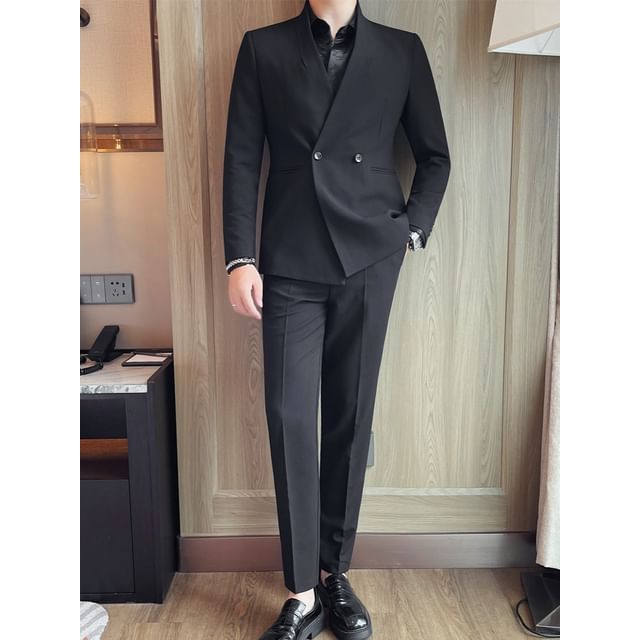 Blueforce-Shawl Lapel Plain Double-Breasted Blazer Mid Rise Tapered Dress Pants Set