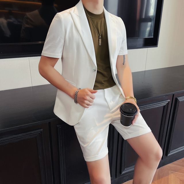 Blueforce-Short-Sleeve Peak Lapel Single-Breasted Plain Blazer Mid Rise Dress Shorts Set