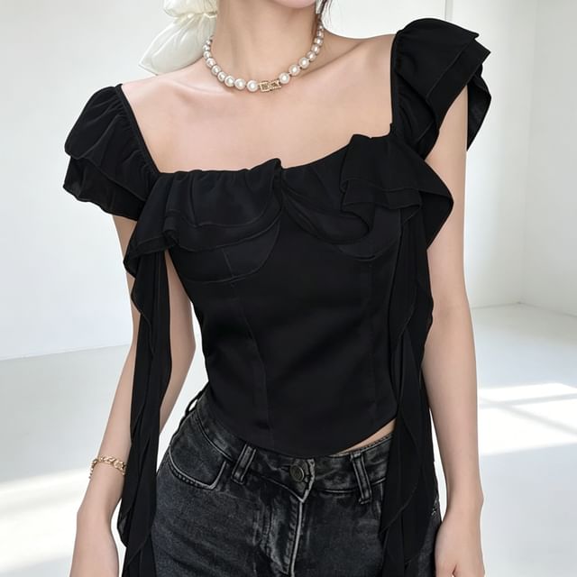 Bolgivy-Cap-Sleeve Square Neck Plain Crop Blouse