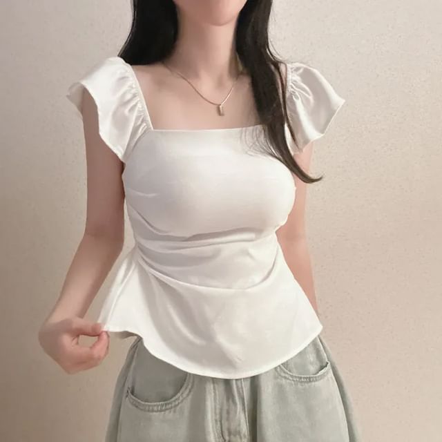 Bolgivy-Cap-Sleeve Square-Neck Plain T-Shirt