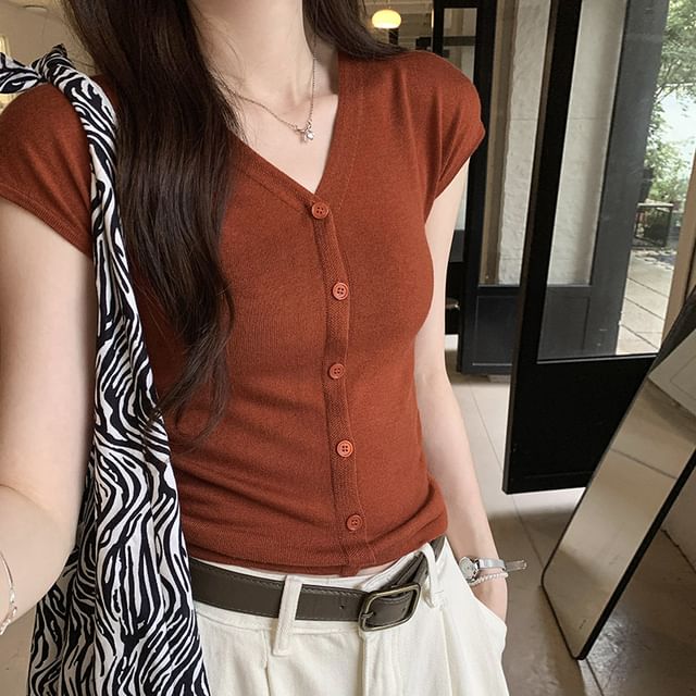 Bolgivy-Cap-Sleeve V-Neck Button-Up Plain Crop Knit Top