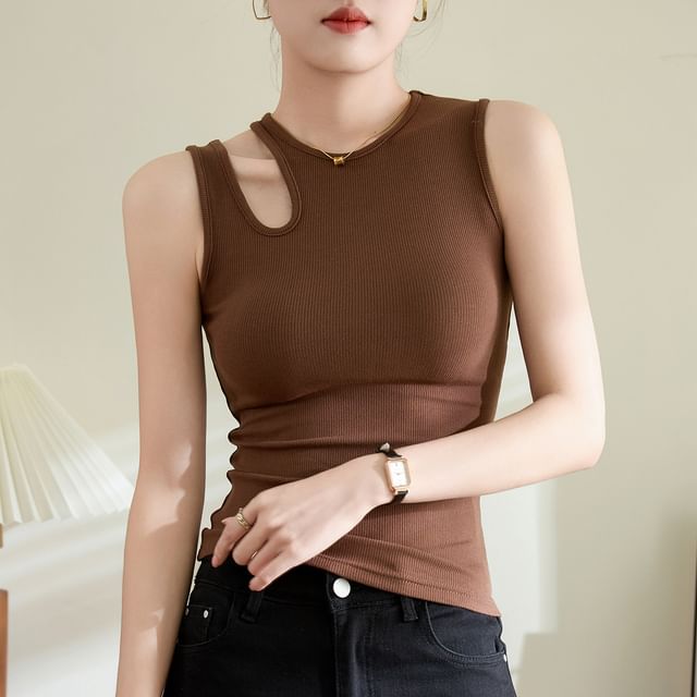 Bolgivy-Crew Neck Plain Cutout Tank Top