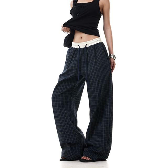 Bolgivy-Drawstring Waist Plaid Wide Leg Pants