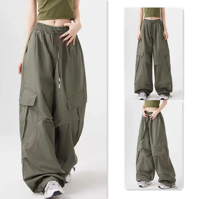 Bolgivy-Drawstring Waist Plain Wide Leg Cargo Pants