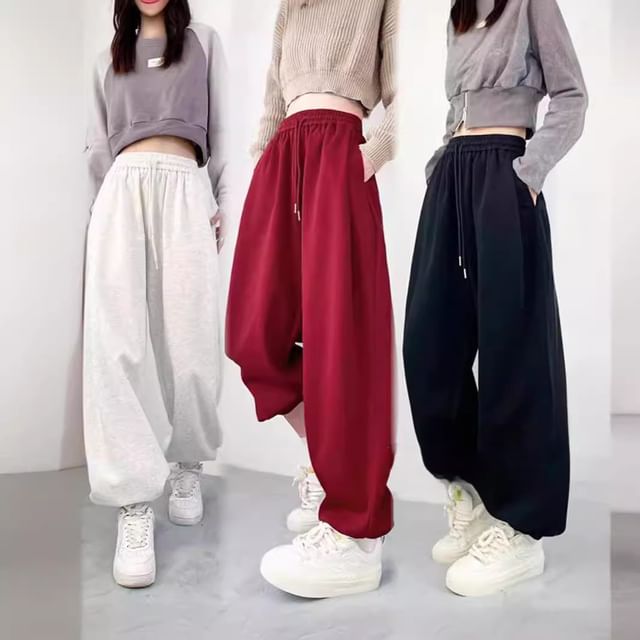 Bolgivy-Drawstring Waist Plain Wide Leg Sweatpants