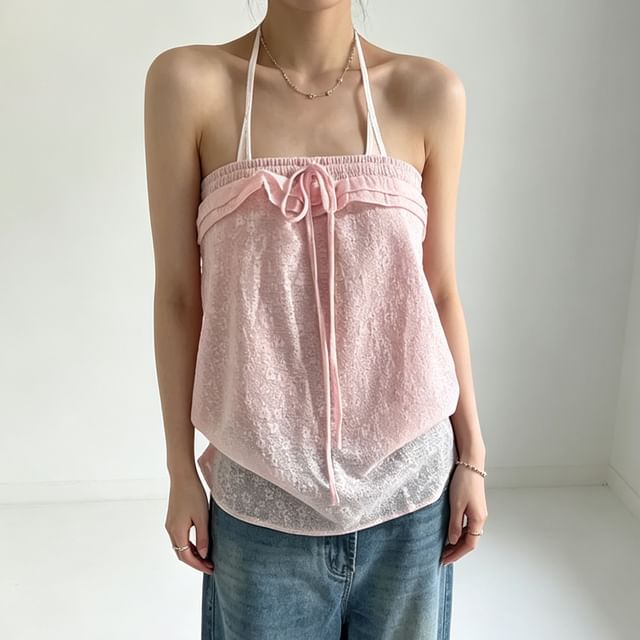 Bolgivy-Halter Bow Mock Two Piece Top