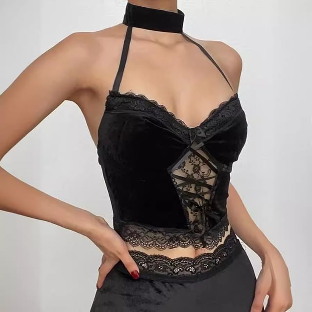 Bolgivy-Halter Lace Panel Crop Cami Top