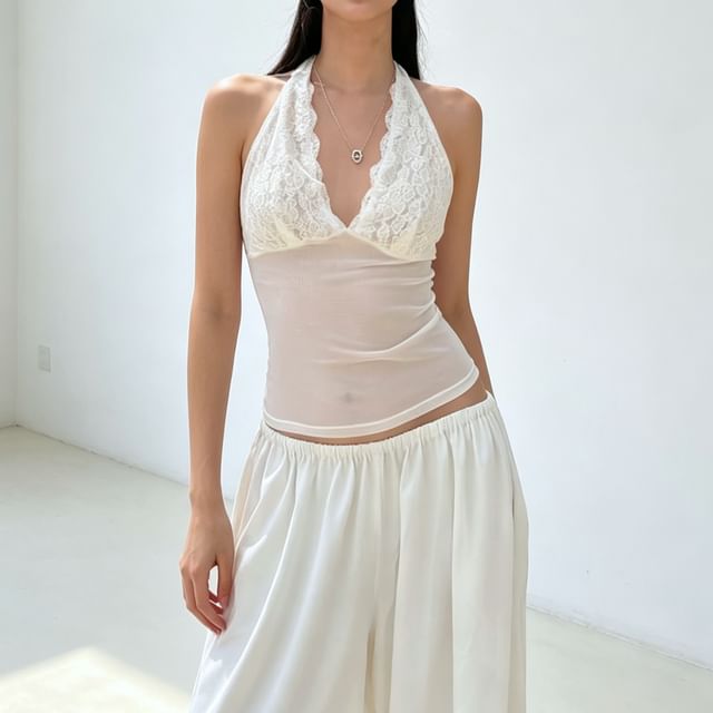 Bolgivy-Halter-Neck Lace Panel Top