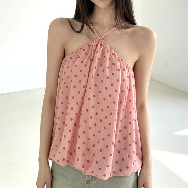 Bolgivy-Halter Neck Polka Dot Crop Top