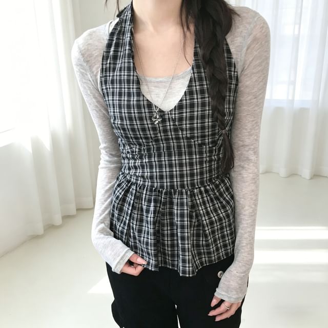 Bolgivy-Halter V-Neck Plaid Peplum Top