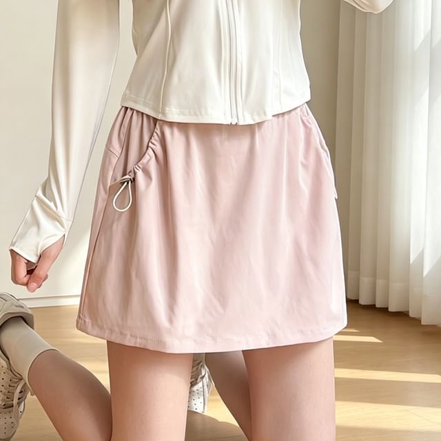 Bolgivy-High Waist Plain Drawstring Pocket Mini A-Line Skort