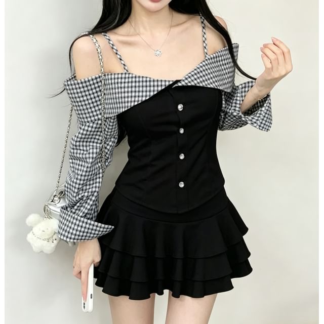 Bolgivy-Long Sleeve Cold Shoulder Plaid Panel Button Top