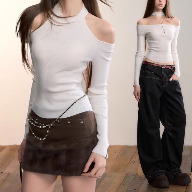 Bolgivy-Long-Sleeve Cold Shoulder Plain Knit Top