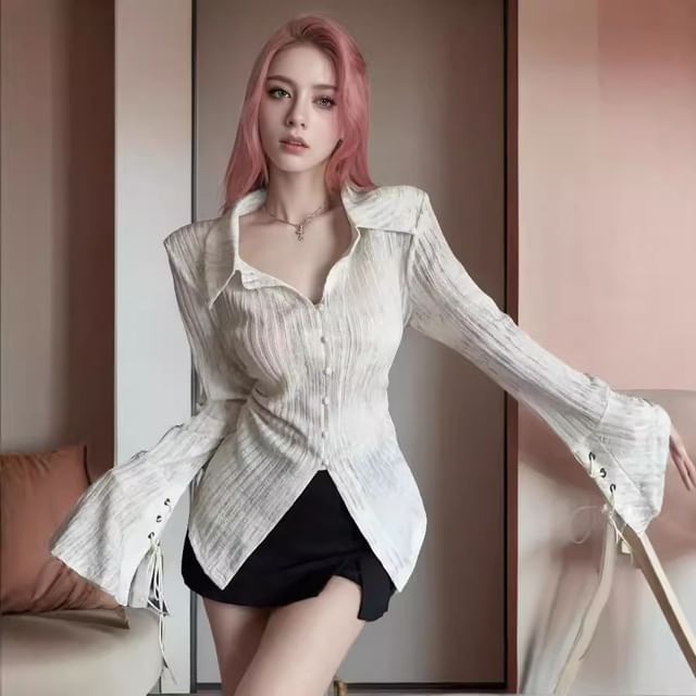 Bolgivy-Long Sleeve Collared Plain Lace Up Button Ribbed Top