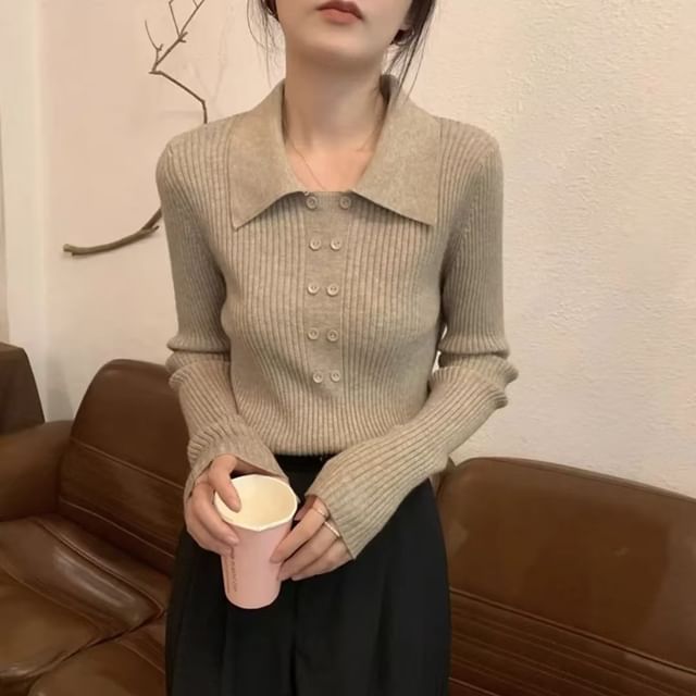 Bolgivy-Long-Sleeve Collared Plain Ribbed Knit Top