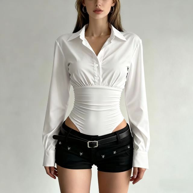 Bolgivy-Long-Sleeve Collared Ruched Half-Buttoned Plain Bodysuit Top