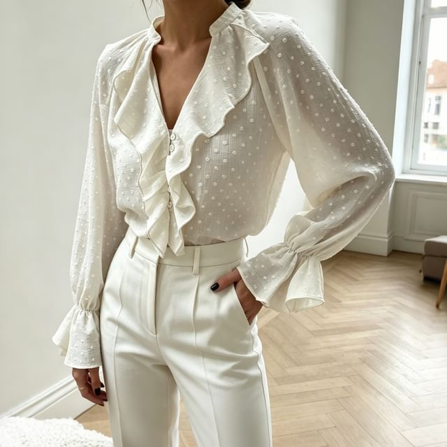 Bolgivy-Long-Sleeve Flared-Cuff V-Neck Ruffled Polka Dot Plain Button-Up Blouse