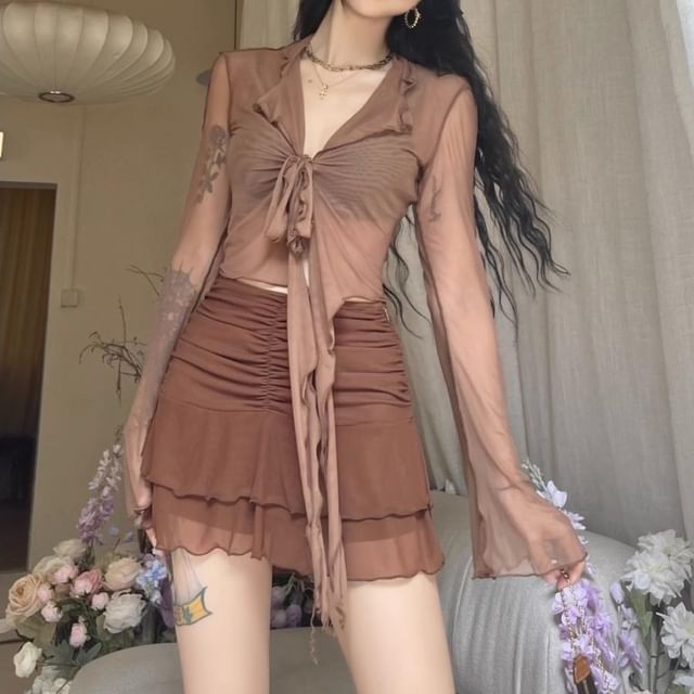 Bolgivy-Long-Sleeve Mesh Plain Crop Top