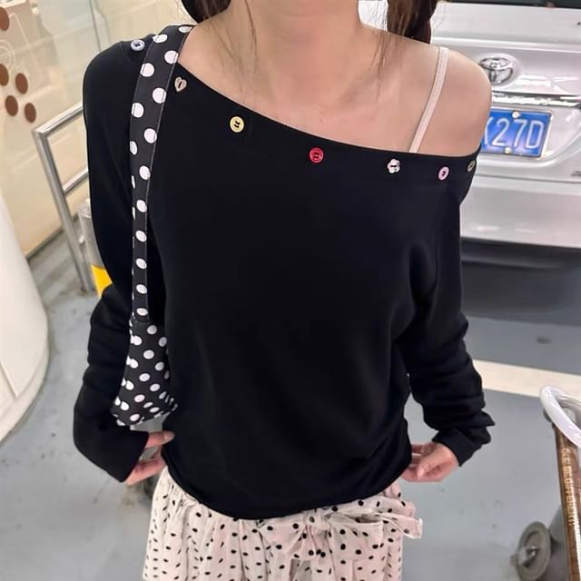 Bolgivy-Long Sleeve One Shoulder Plain Button Detail Top