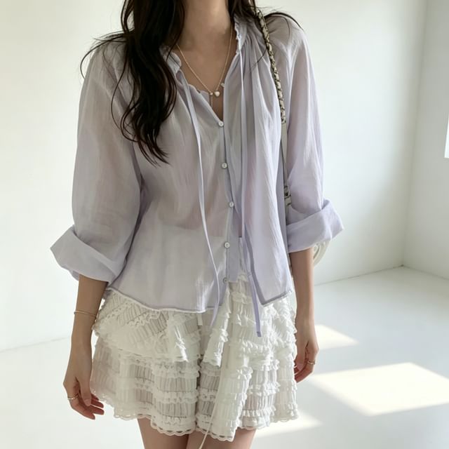 Bolgivy-Long-Sleeve Plain Ruffled Button-Up Blouse