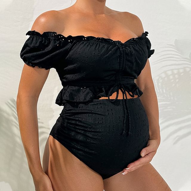Bolgivy-Maternity Set Puff-Sleeve Off-Shoulder Plain Drawstring Crop Swim Top Bottom