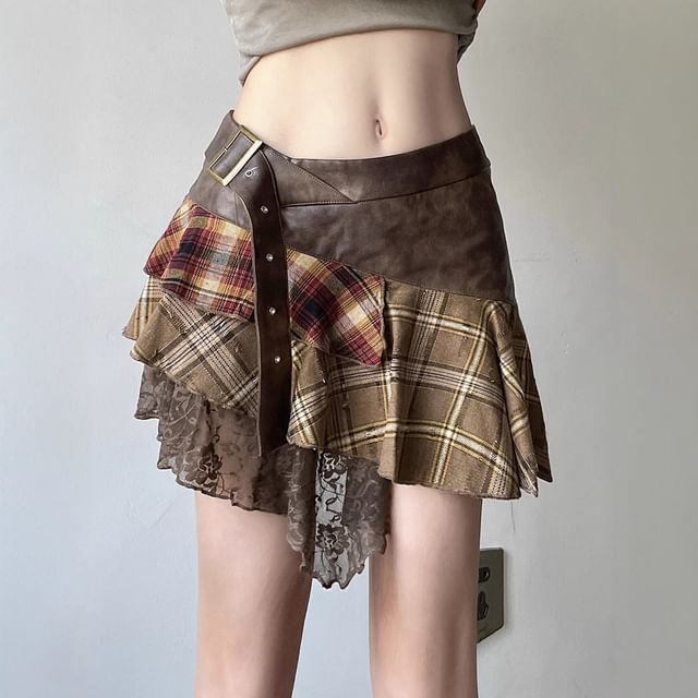 Bolgivy-Mid Rise Plaid Panel Mini Skirt