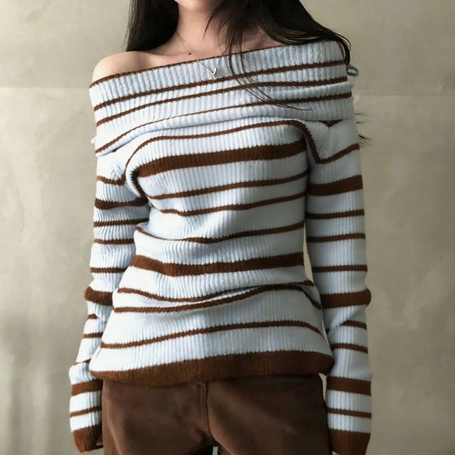 Bolgivy-Off Shoulder Striped Ribbed Sweater