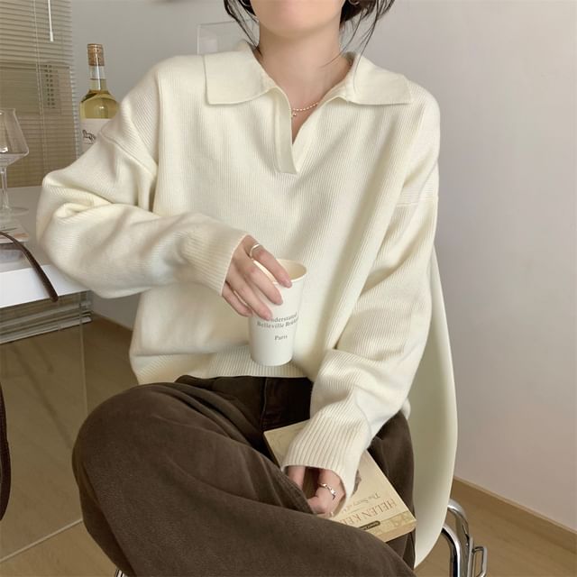Bolgivy-Open Placket Plain Polo Sweater