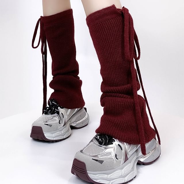 Bolgivy-Plain Tie-Up Ribbed Knit Leg Warmers