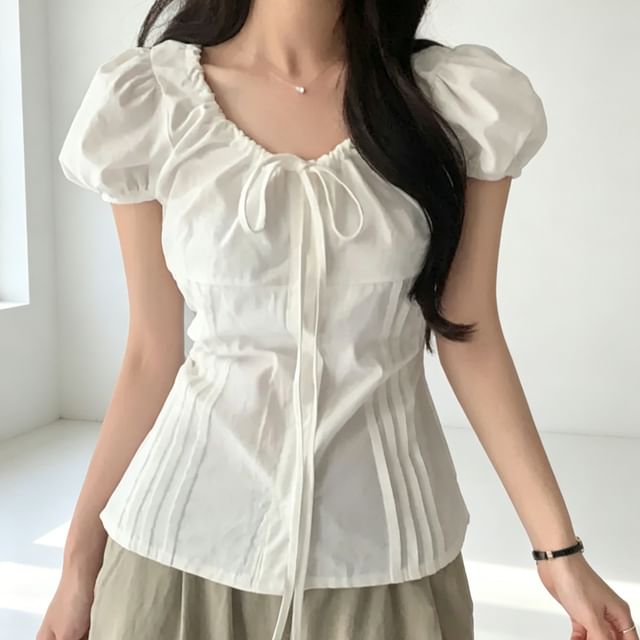 Bolgivy-Puff-Sleeve Scoop Neck Plain Drawstring Pintuck Blouse
