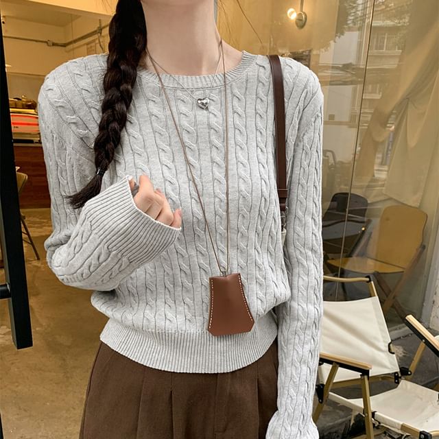 Bolgivy-Round Neck Plain Cable Knit Sweater