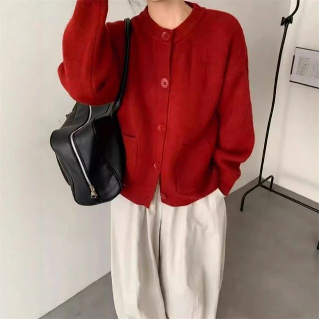 Bolgivy-Round Neck Plain Cardigan