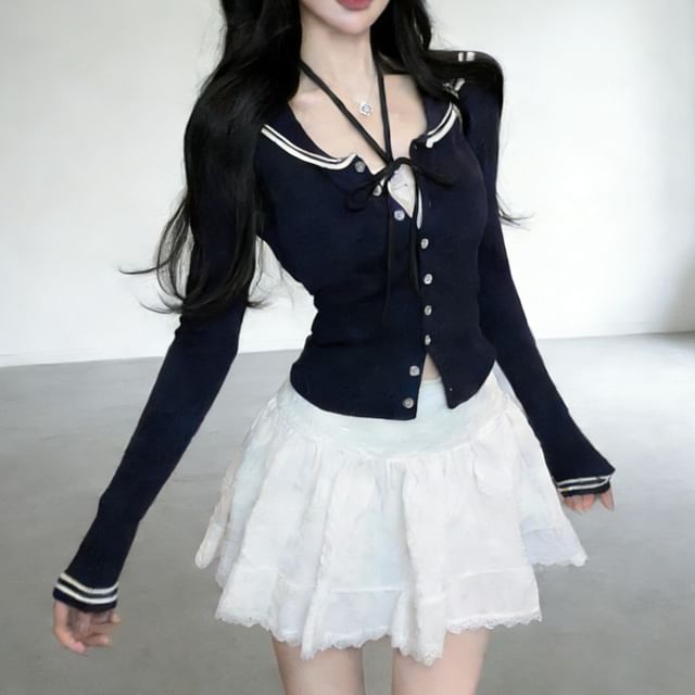Bolgivy-Sailor Collar Striped Cardigan