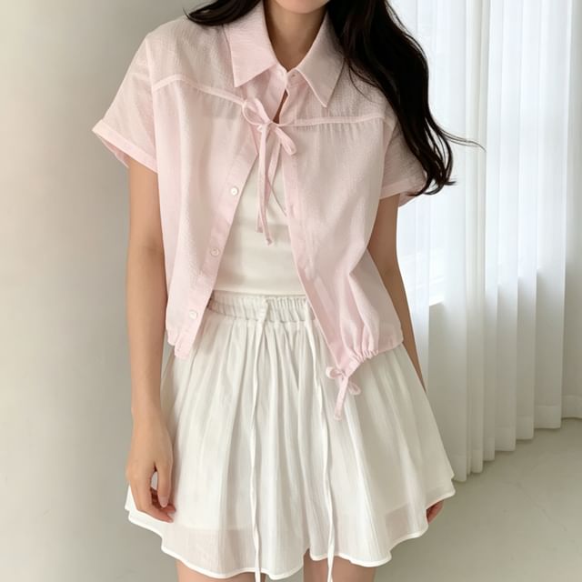 Bolgivy-Short Sleeve Collared Plain Drawstring Tie Front Shirt
