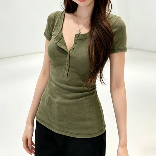 Bolgivy-Short-Sleeve Henley Plain Top