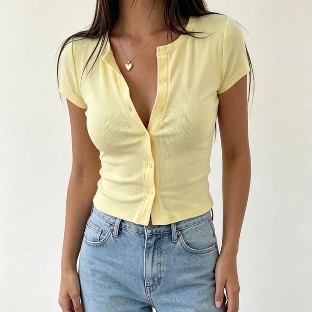 Bolgivy-Short-Sleeve Round Neck Plain Button Up Knit Top