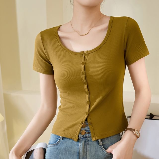 Bolgivy-Short Sleeve Scoop Neck Plain Button Top