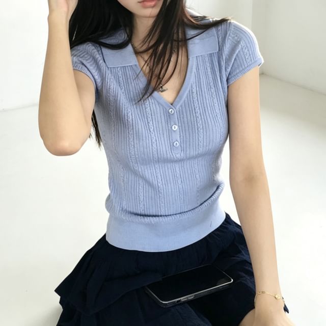 Bolgivy-Short-Sleeve V-Neck Collared Plain Cable Knit Top